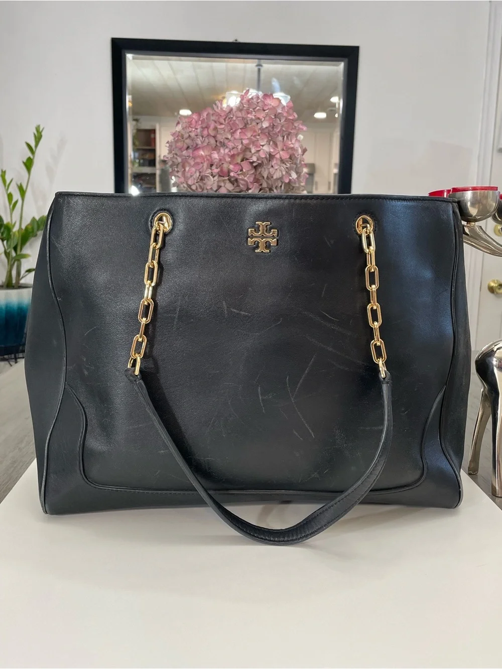 Tory Burch Black Leather Chain Tote Shoulder Bag Large Gold Logo Authentic